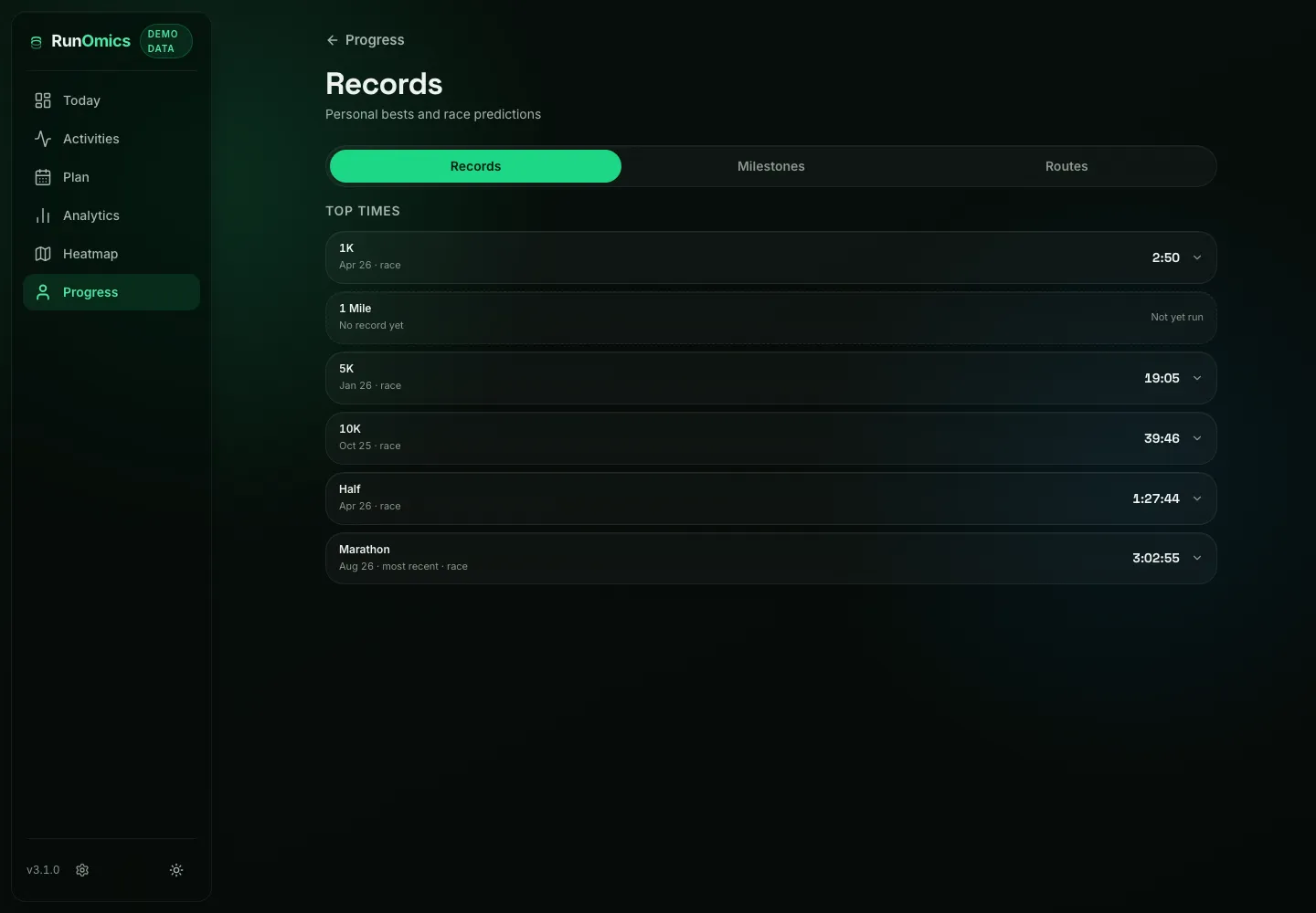 RunOmics progress screen listing personal bests and race predictions from synthetic demo data